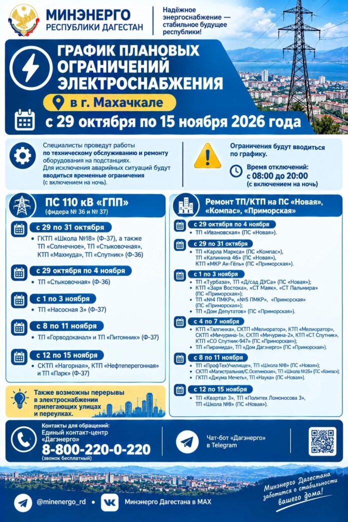 В Махачкале с 29 октября по 15 ноября будут вводить временные отключения электроэнергии